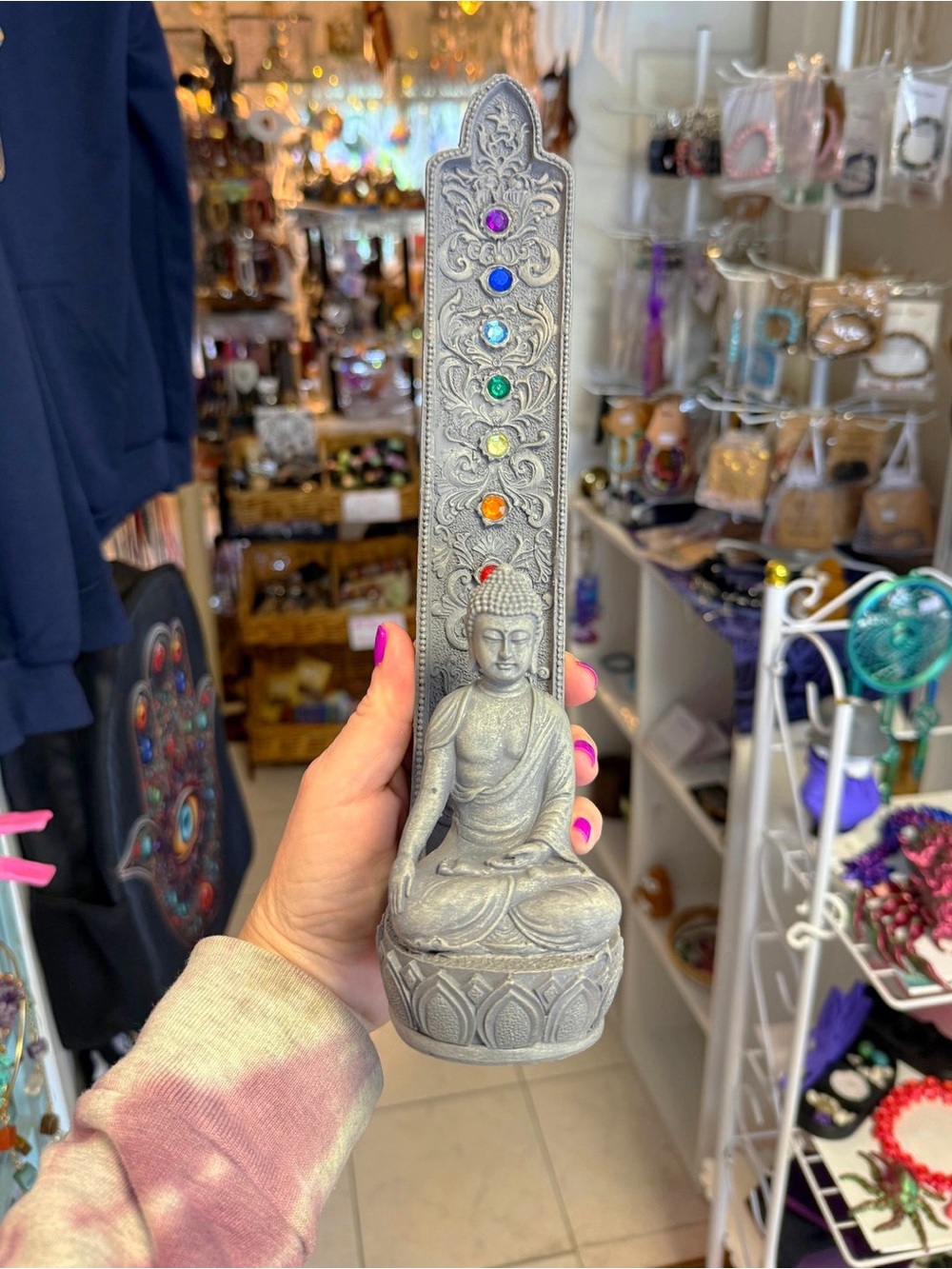 Buddha Incense Holder with Chakra Gemstones - Gray